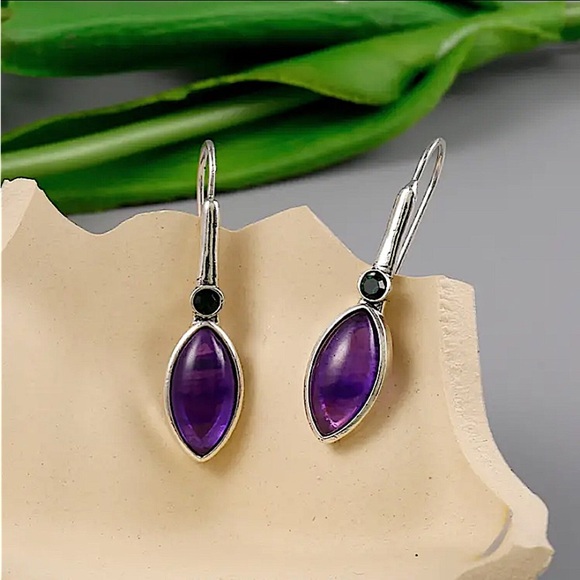 Boho Purple Zircon Hook Dangle Earrings - Picture 4 of 6